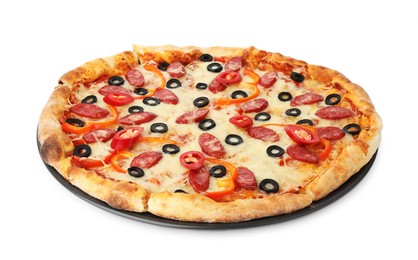 Tasty pizza with cheese, dry smoked sausages, olives and chili pepper isolated on white