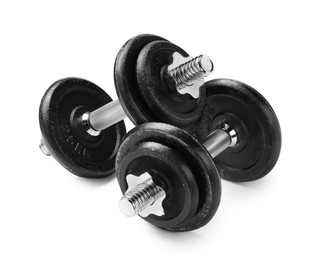 Metal dumbbells isolated on white. Sports equipment