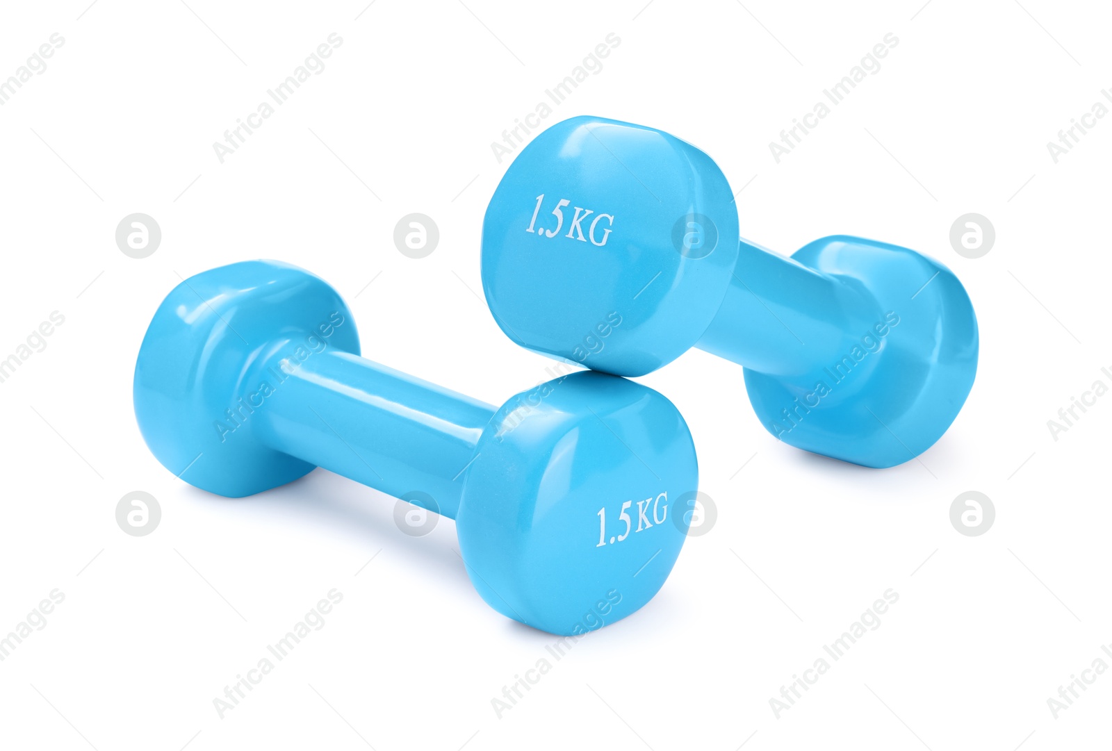 Photo of Light blue dumbbells isolated on white. Sports equipment