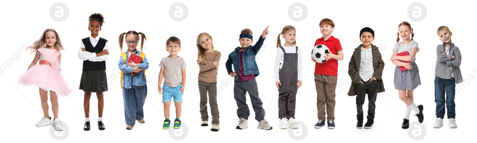 Image of Group of different adorable children on white background