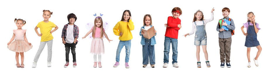 Image of Group of different adorable children on white background