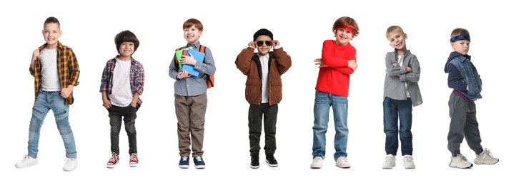 Group of different adorable children on white background