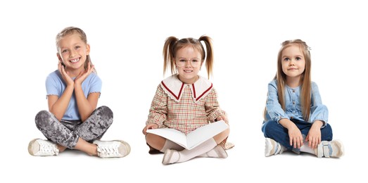 Image of Group of different adorable children on white background