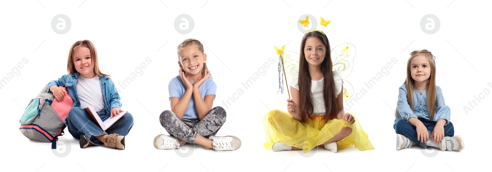 Image of Group of different adorable children on white background