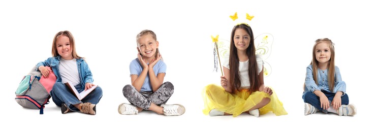 Group of different adorable children on white background