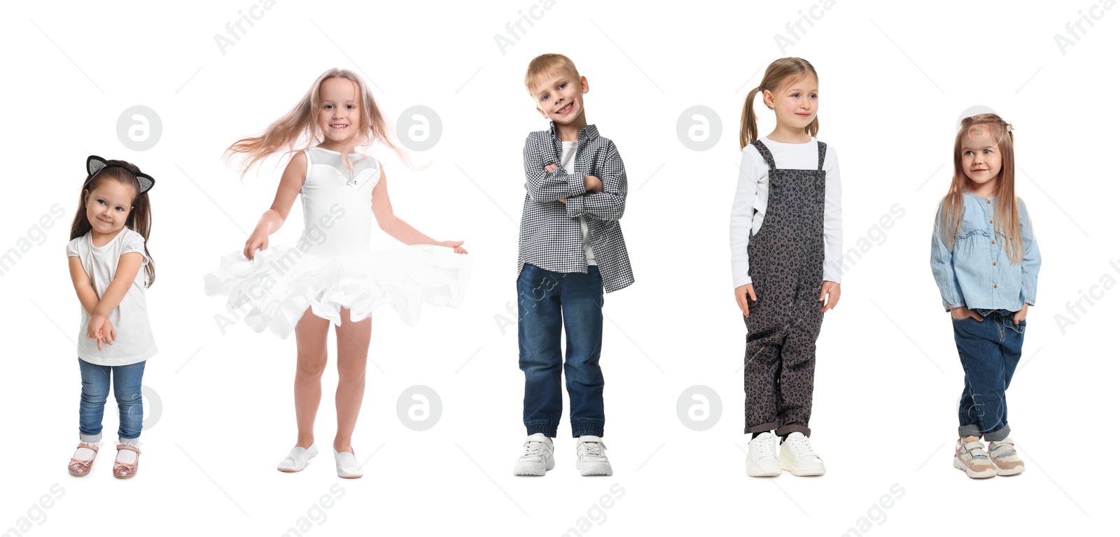 Image of Group of different adorable children on white background