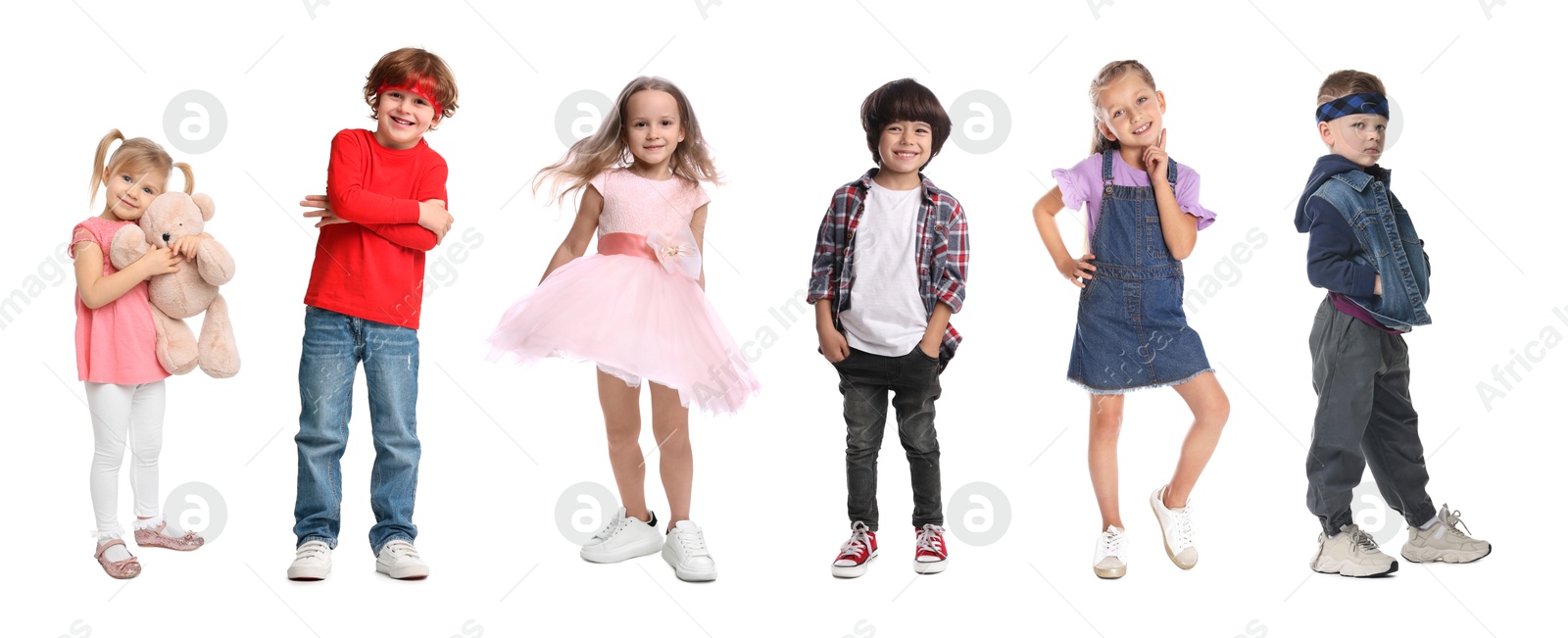 Image of Group of different adorable children on white background