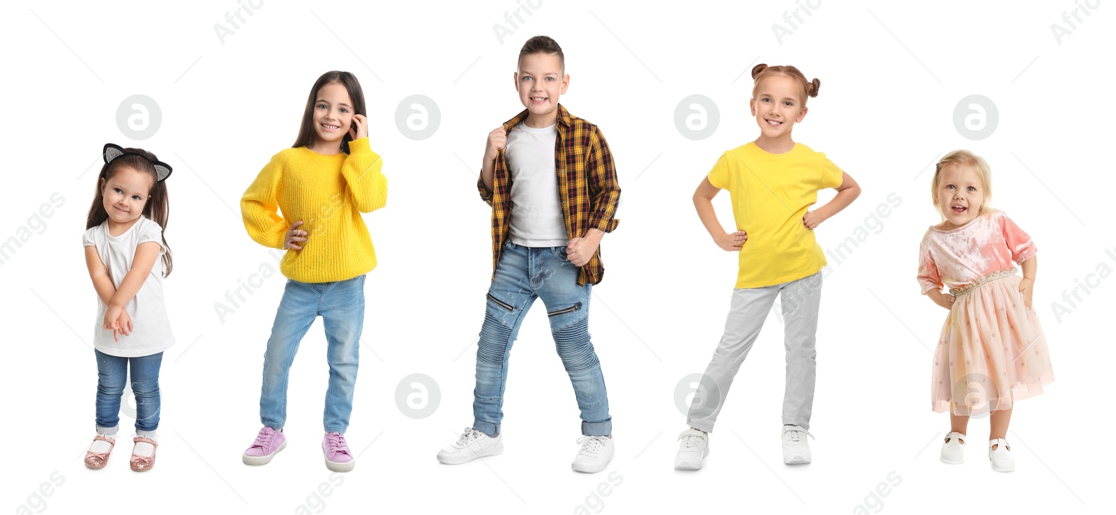 Image of Group of different adorable children on white background