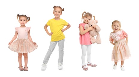 Group of different adorable children on white background