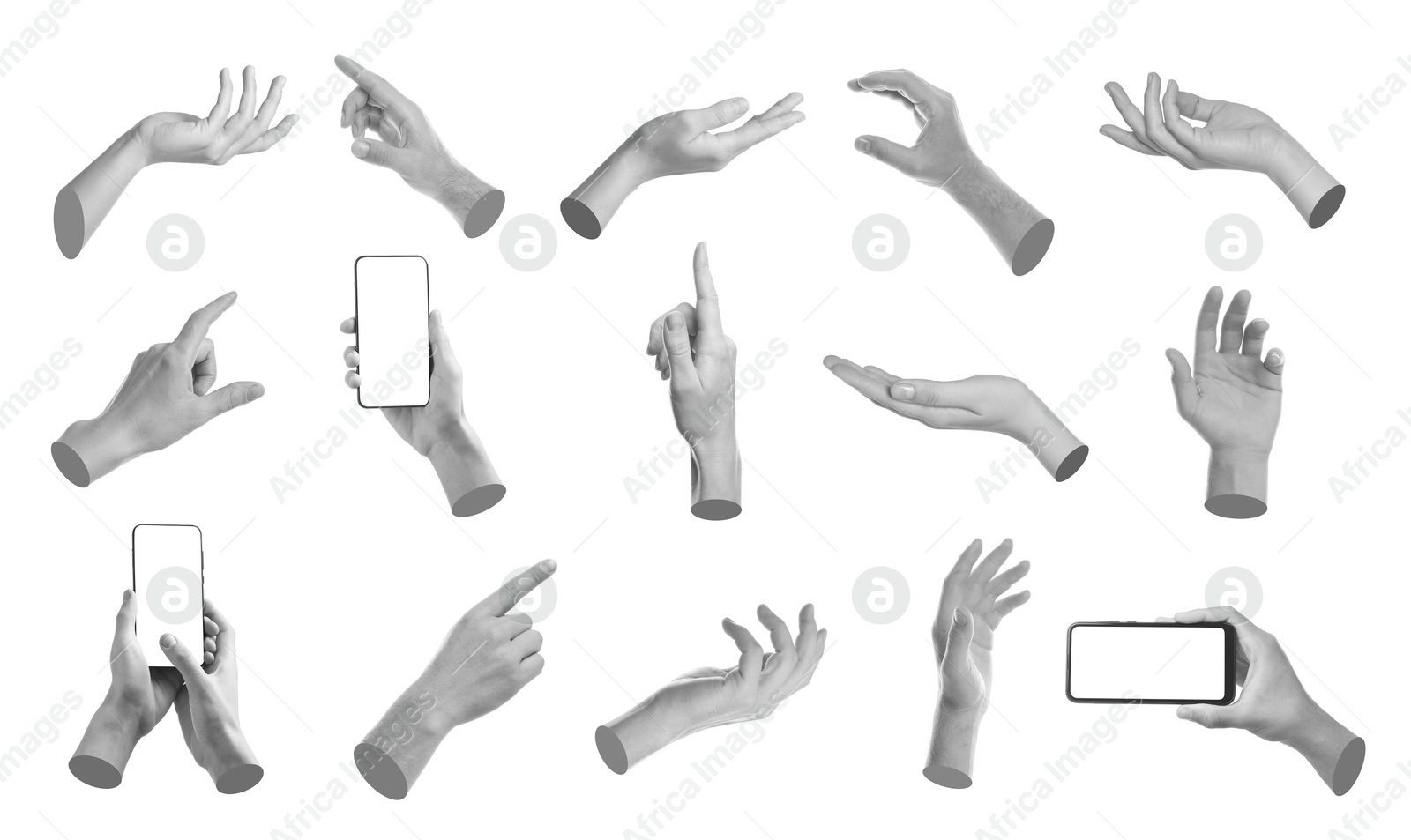 Image of Set of different hand gestures isolated on white. Black and white effect