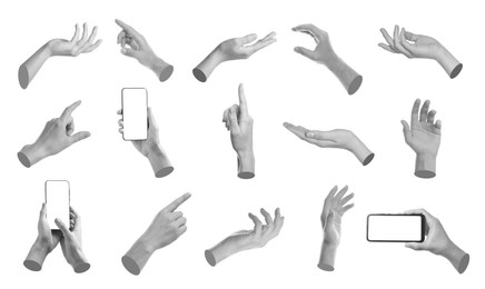 Image of Set of different hand gestures isolated on white. Black and white effect