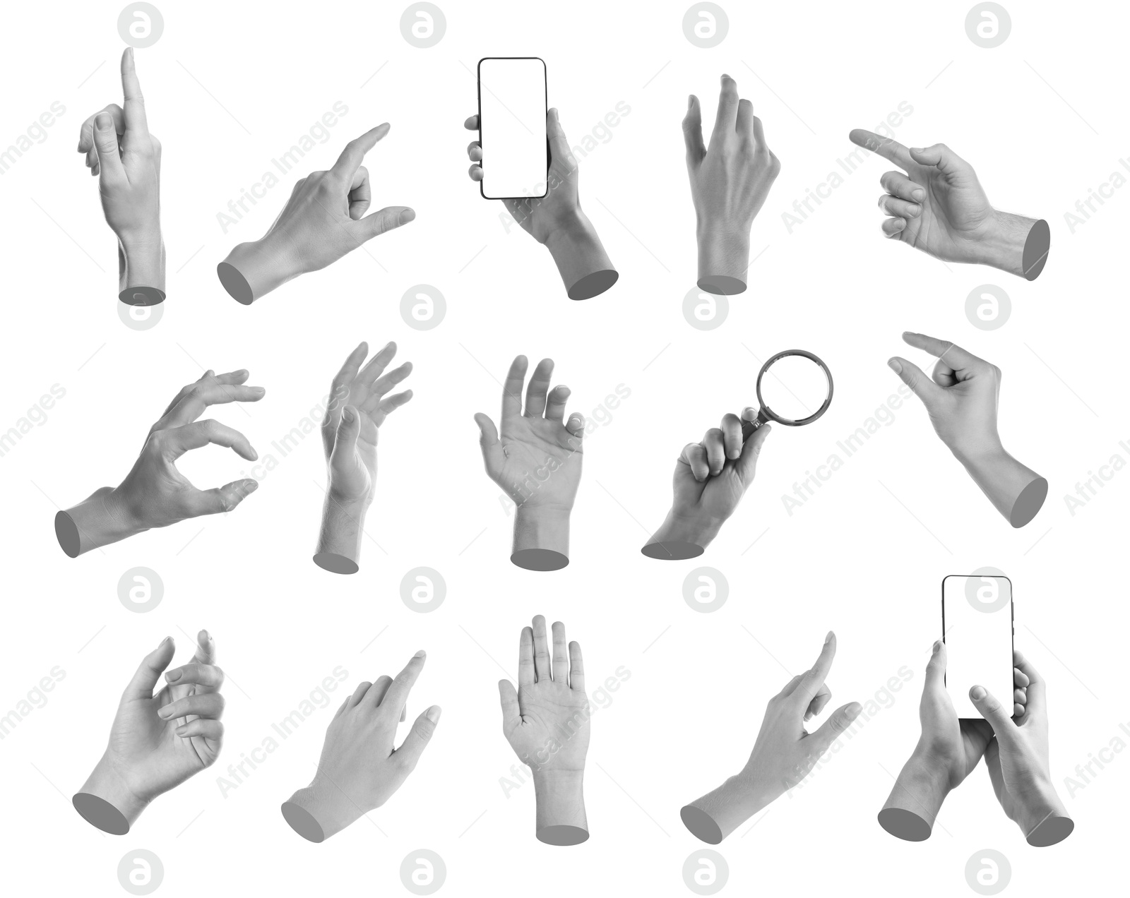 Image of Set of different hand gestures isolated on white, black and white