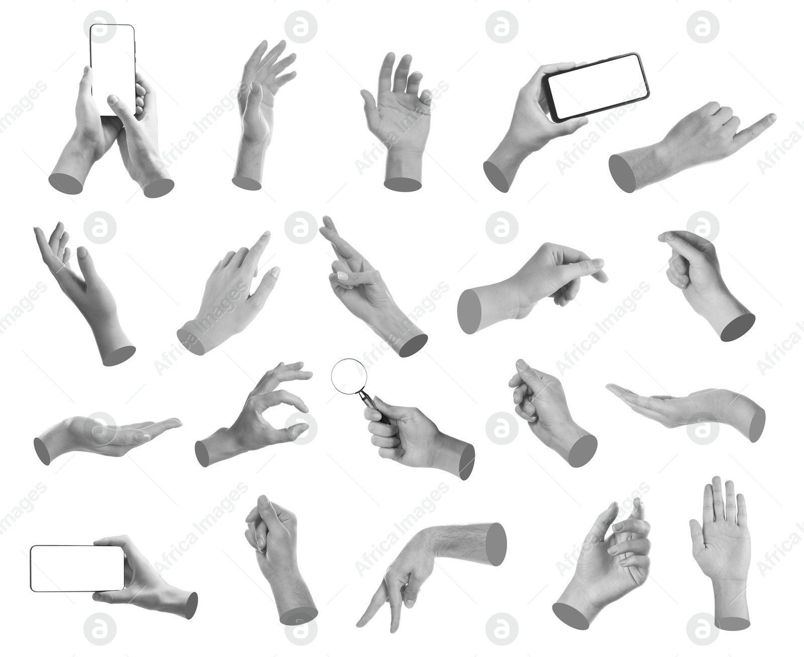 Image of Set of different hand gestures isolated on white. Black and white effect