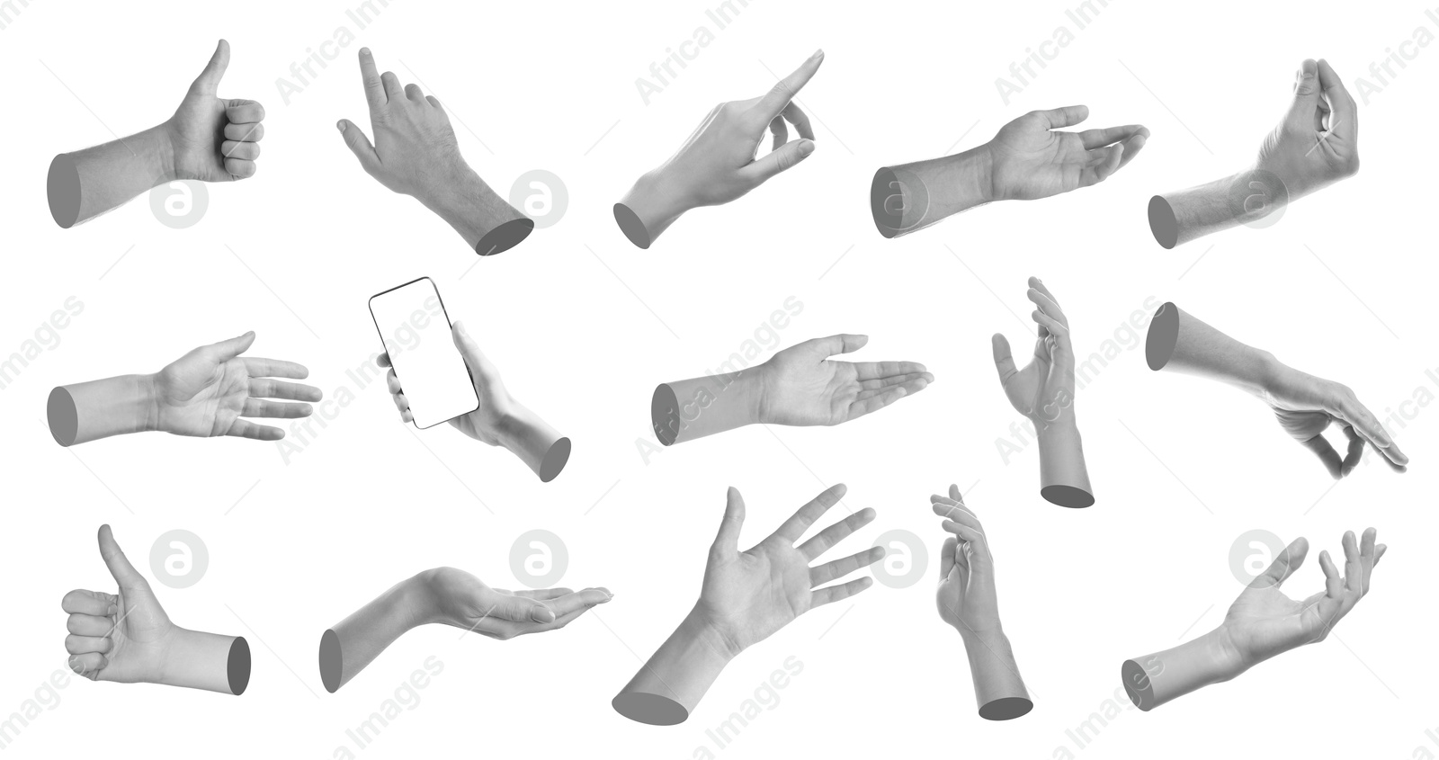 Image of Set of different hand gestures isolated on white, black and white