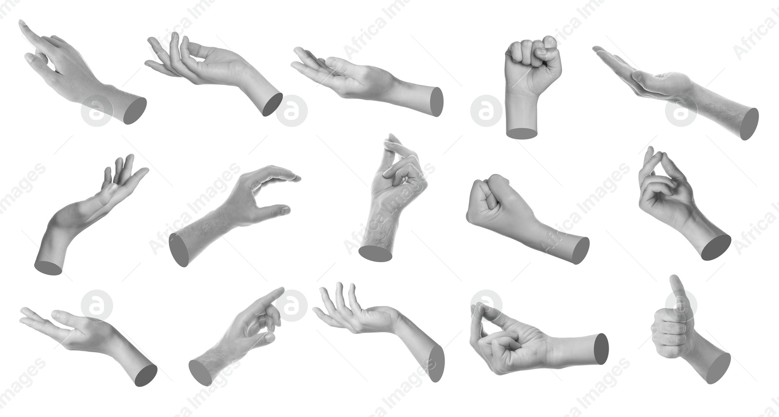 Image of Set of different hand gestures isolated on white. Black and white effect