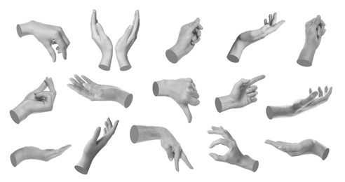 Image of Set of different hand gestures isolated on white. Black and white effect