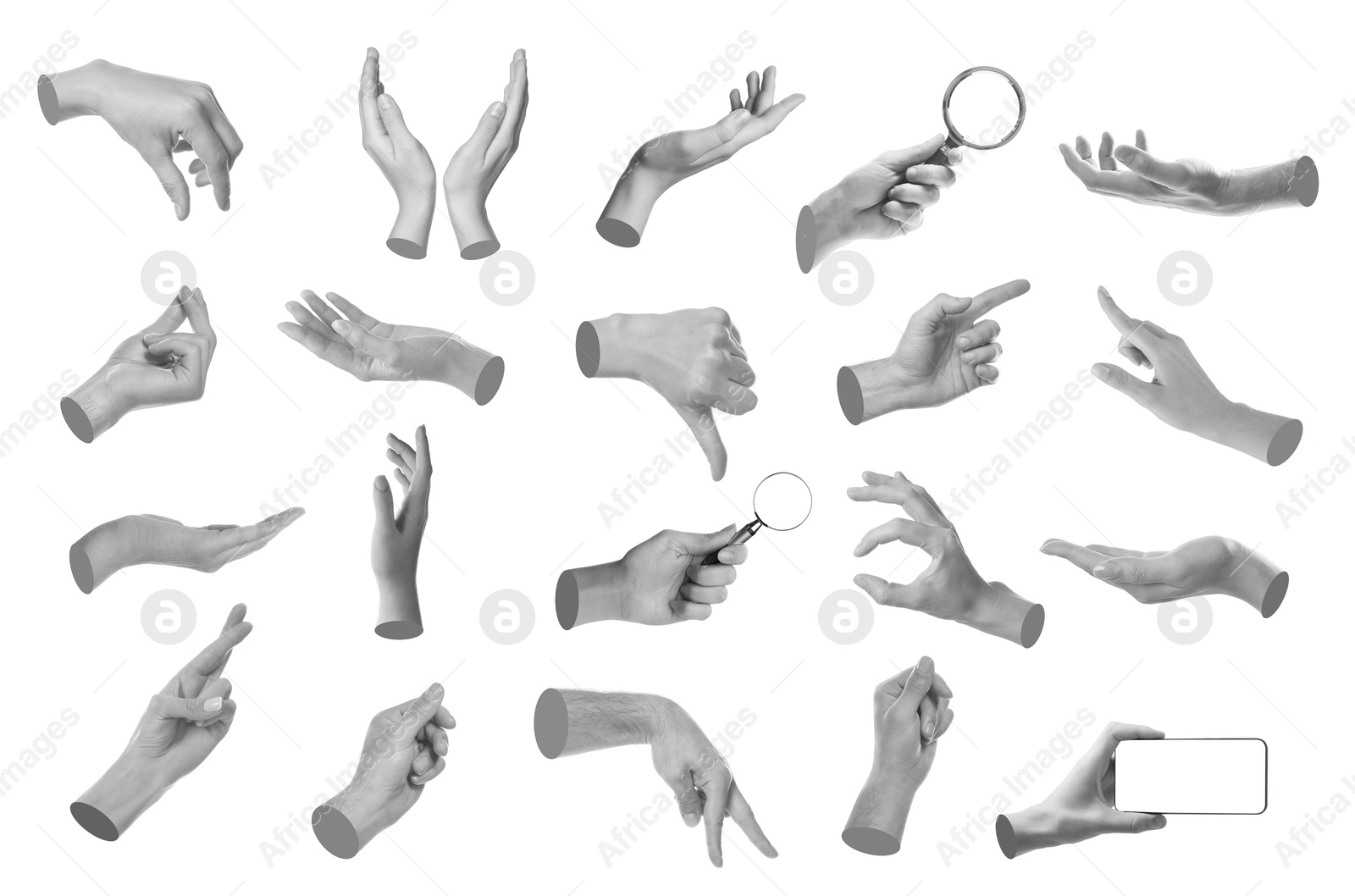 Image of Set of different hand gestures isolated on white, black and white