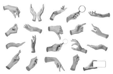 Image of Set of different hand gestures isolated on white, black and white