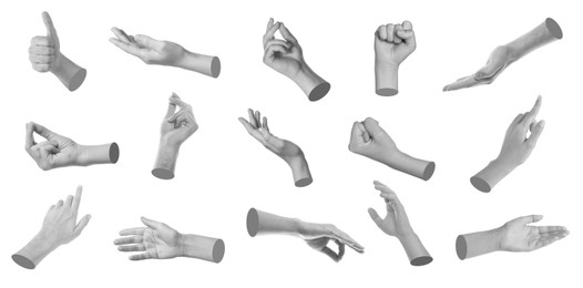 Image of Set of different hand gestures isolated on white. Black and white effect