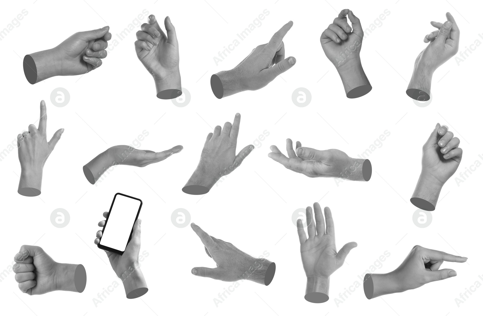 Image of Set of different hand gestures isolated on white. Black and white effect