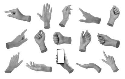 Image of Set of different hand gestures isolated on white. Black and white effect