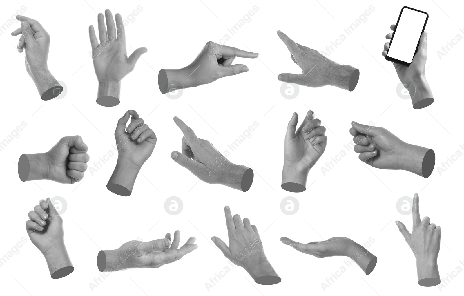 Image of Set of different hand gestures isolated on white. Black and white effect