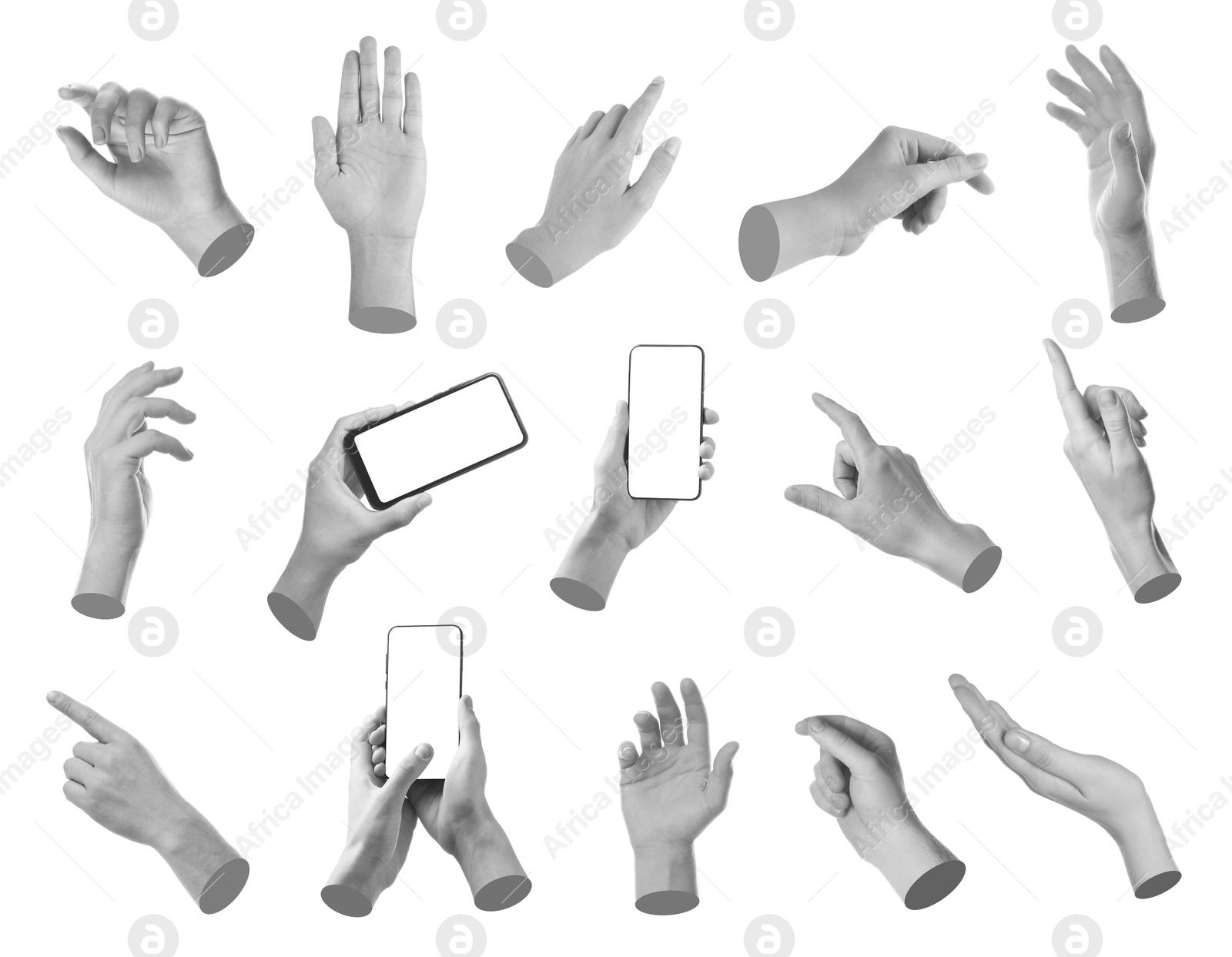 Image of Set of different hand gestures isolated on white. Black and white effect