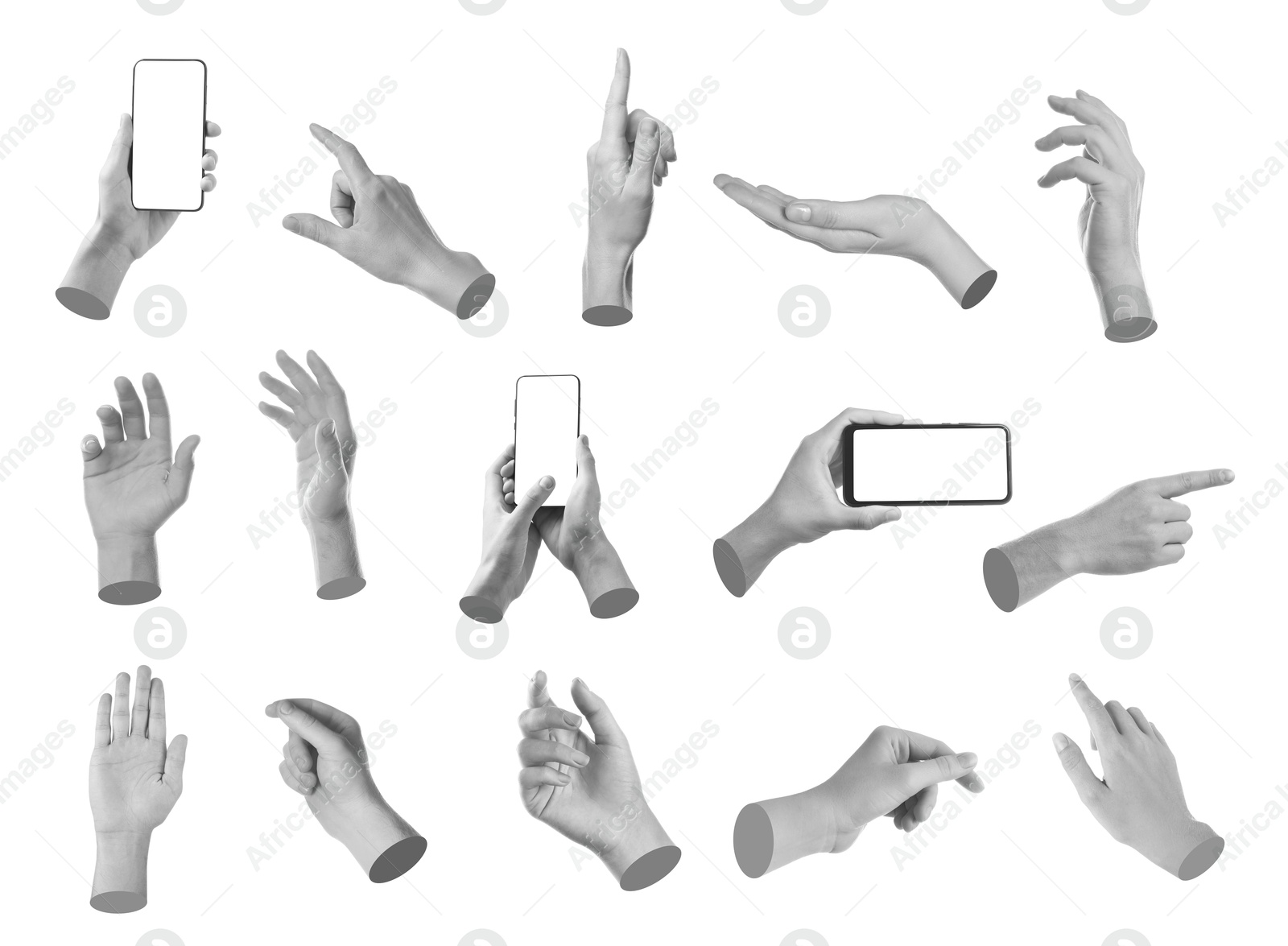 Image of Set of different hand gestures isolated on white. Black and white effect