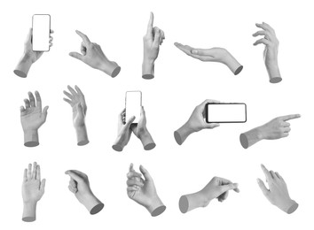 Image of Set of different hand gestures isolated on white. Black and white effect