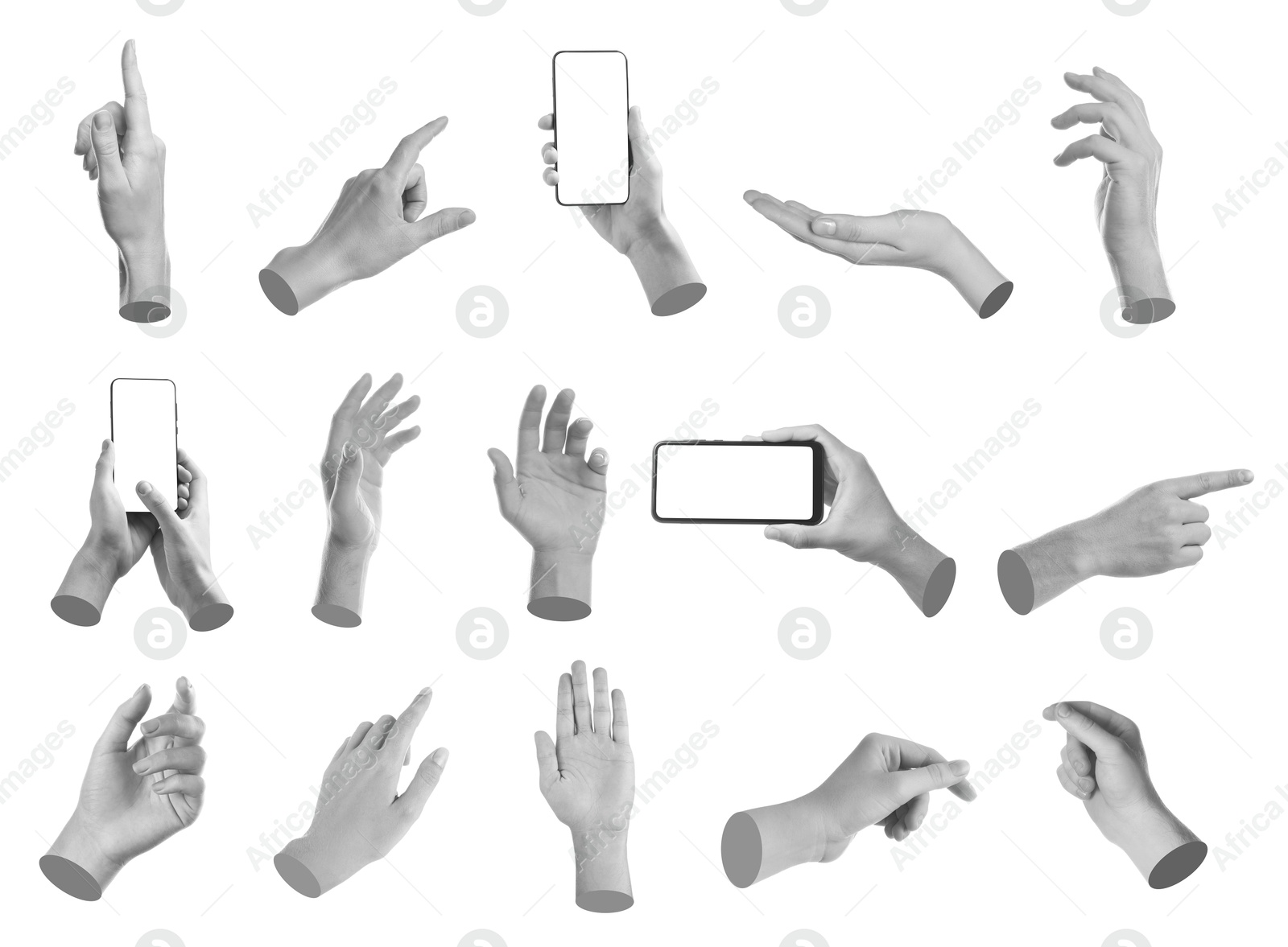 Image of Set of different hand gestures isolated on white. Black and white effect