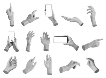 Image of Set of different hand gestures isolated on white. Black and white effect