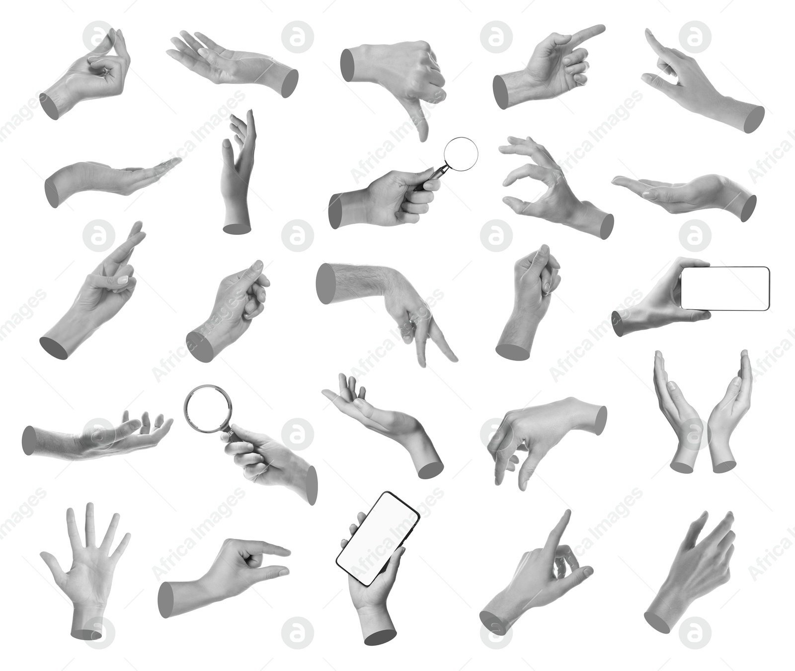 Image of Set of different hand gestures isolated on white, black and white