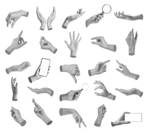 Image of Set of different hand gestures isolated on white, black and white