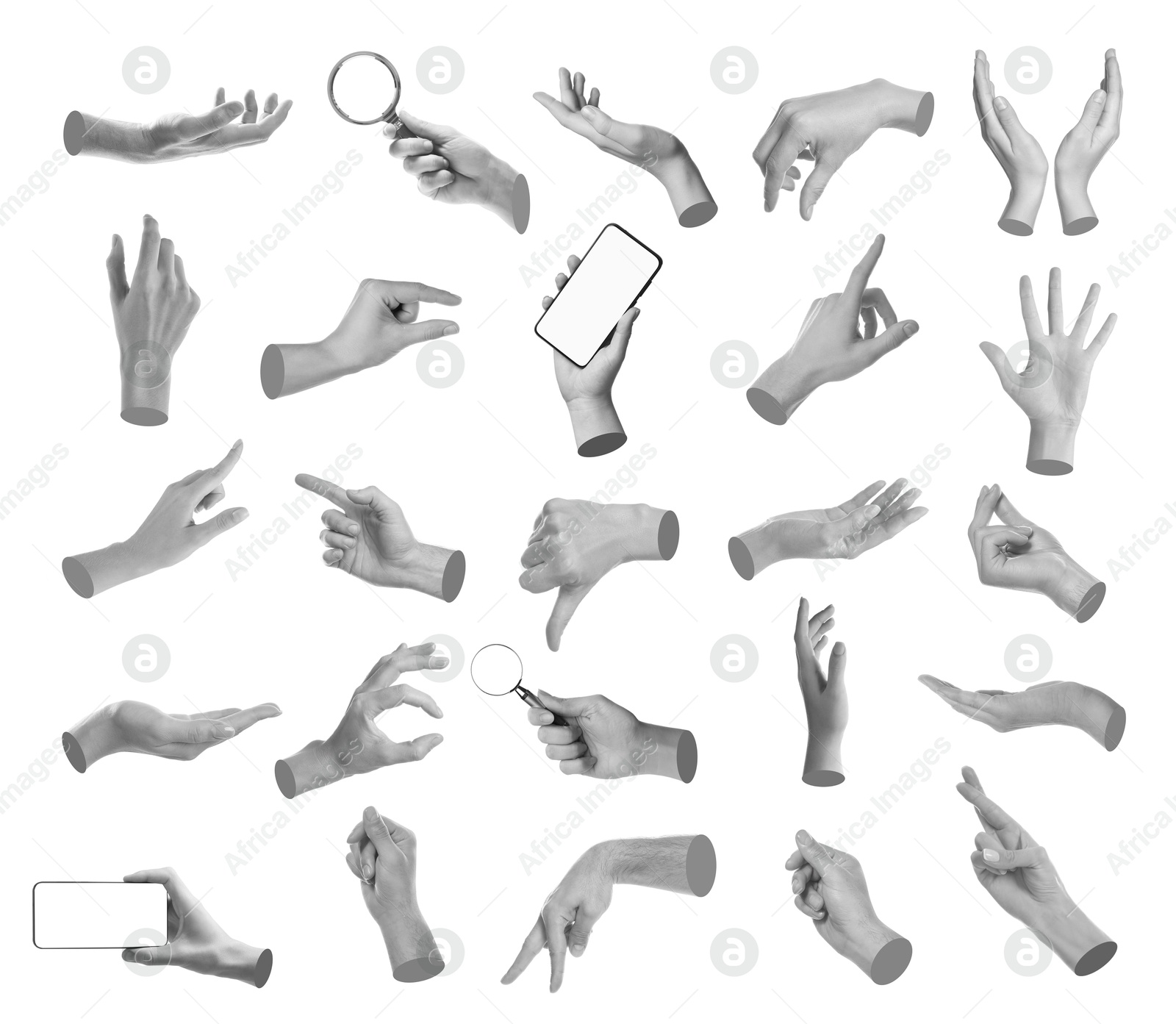 Image of Set of different hand gestures isolated on white, black and white