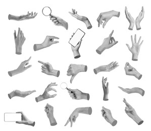 Image of Set of different hand gestures isolated on white, black and white