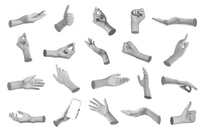 Image of Set of different hand gestures isolated on white, black and white