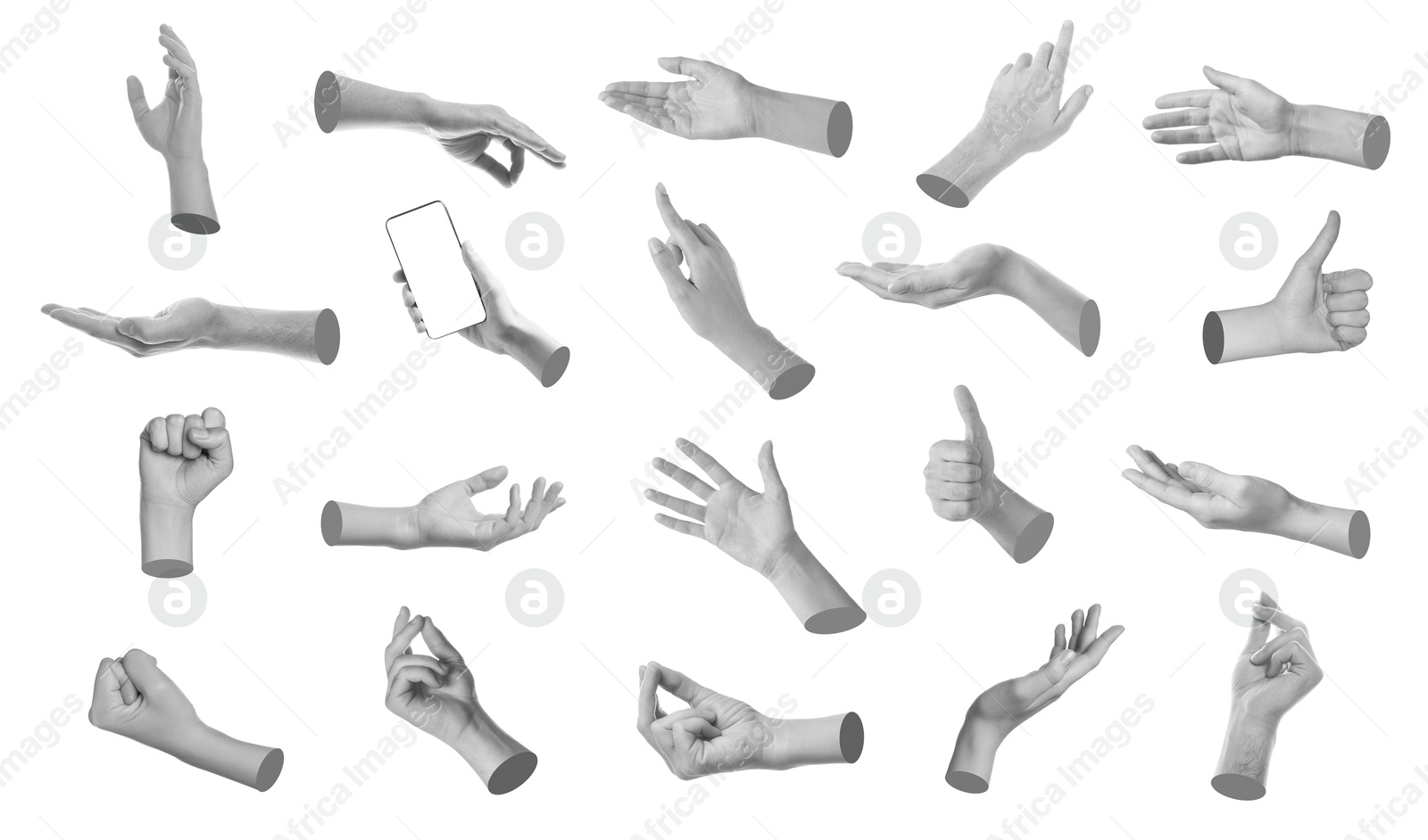 Image of Set of different hand gestures isolated on white, black and white