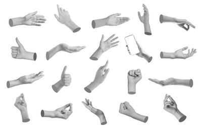 Image of Set of different hand gestures isolated on white, black and white