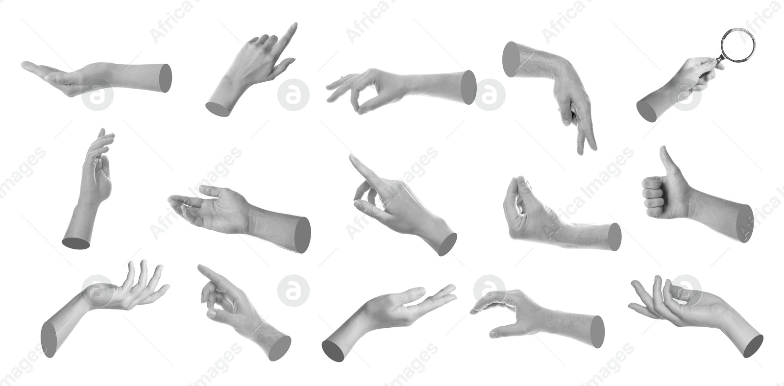 Image of Set of different hand gestures isolated on white, black and white