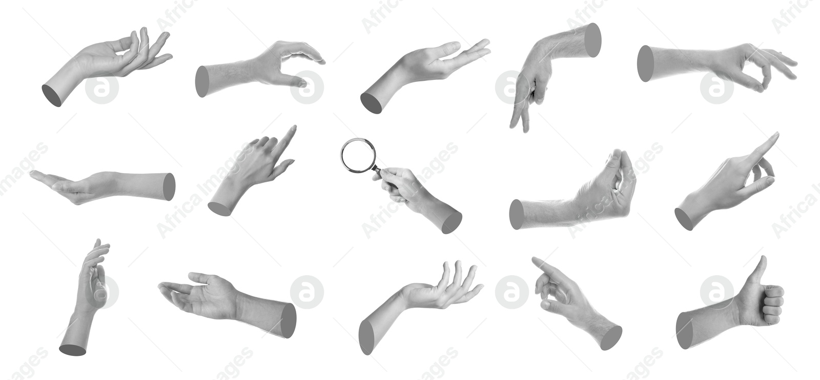 Image of Set of different hand gestures isolated on white, black and white