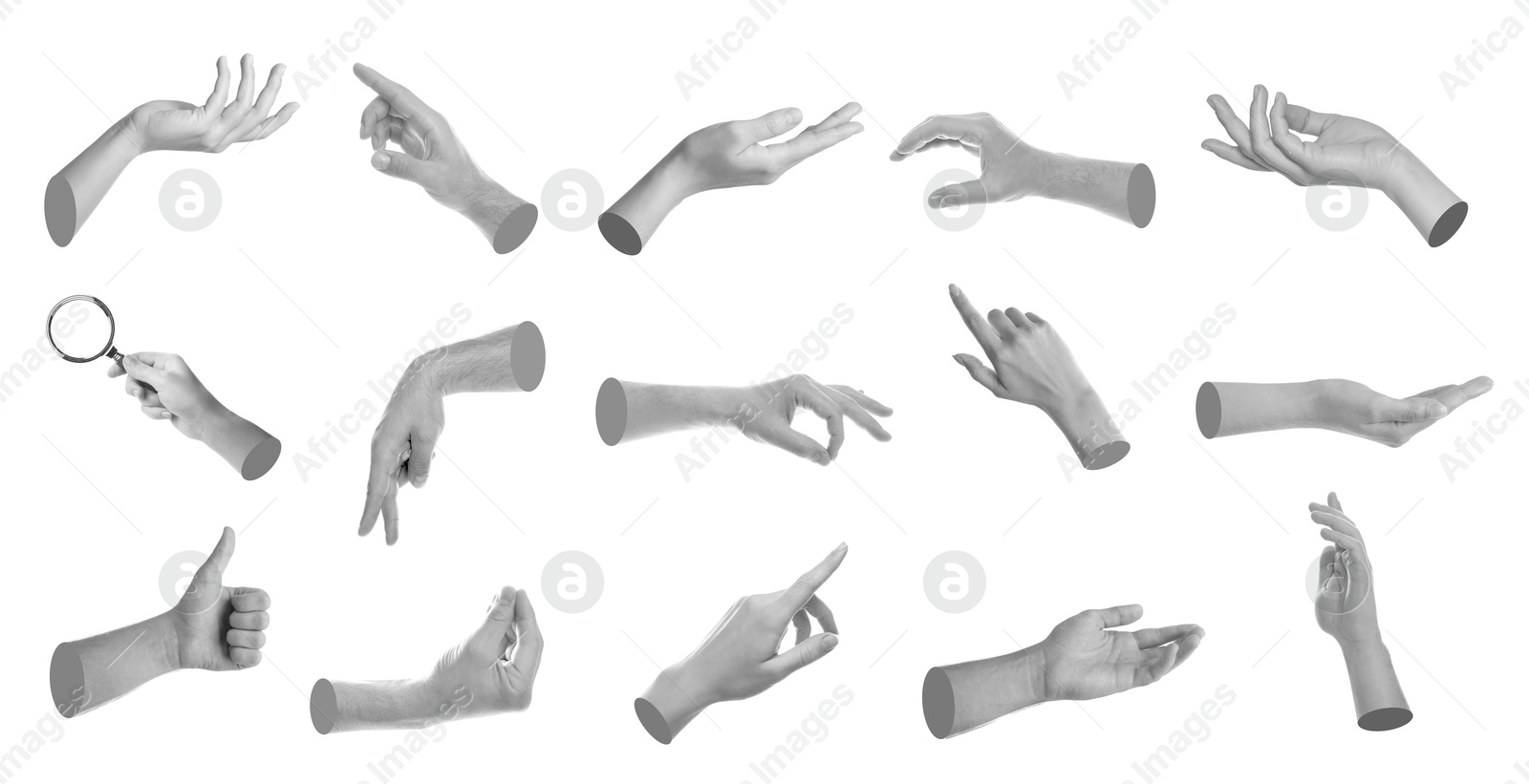 Image of Set of different hand gestures isolated on white, black and white