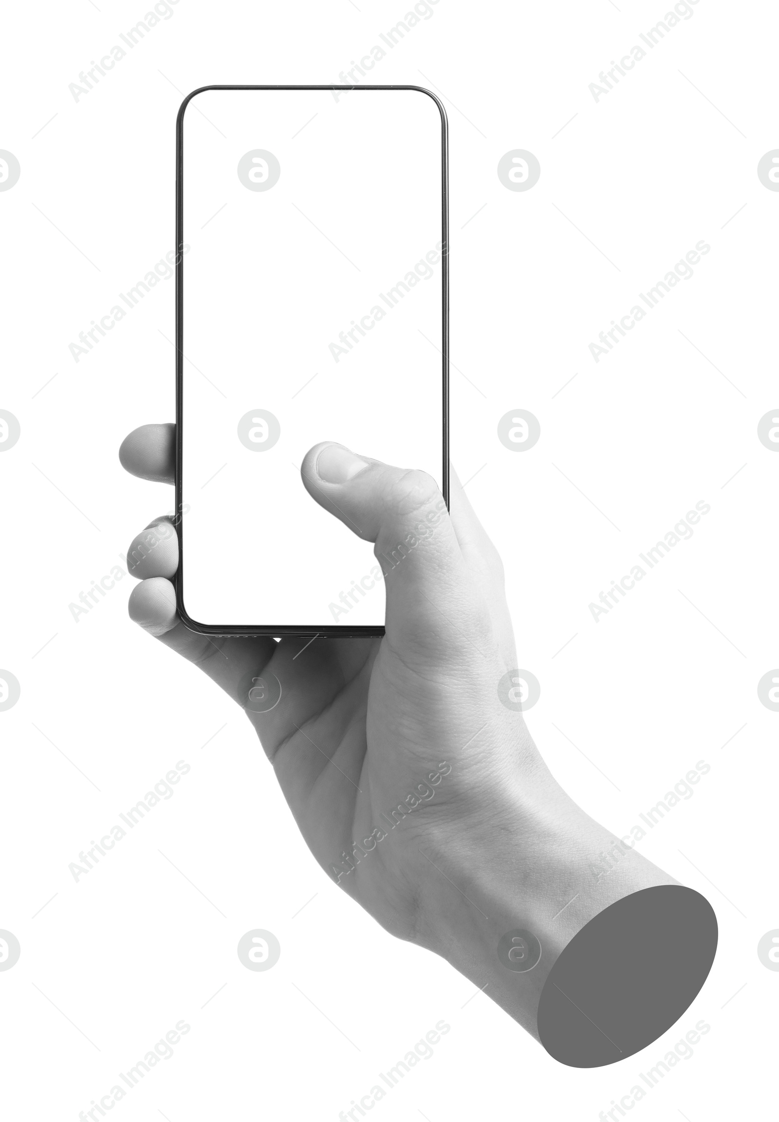 Image of Man's hand holding mobile phone with empty screen isolated on white. Black and white effect