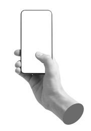 Image of Man's hand holding mobile phone with empty screen isolated on white. Black and white effect