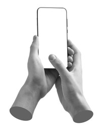 Image of Man's hand holding mobile phone with empty screen isolated on white. Black and white effect