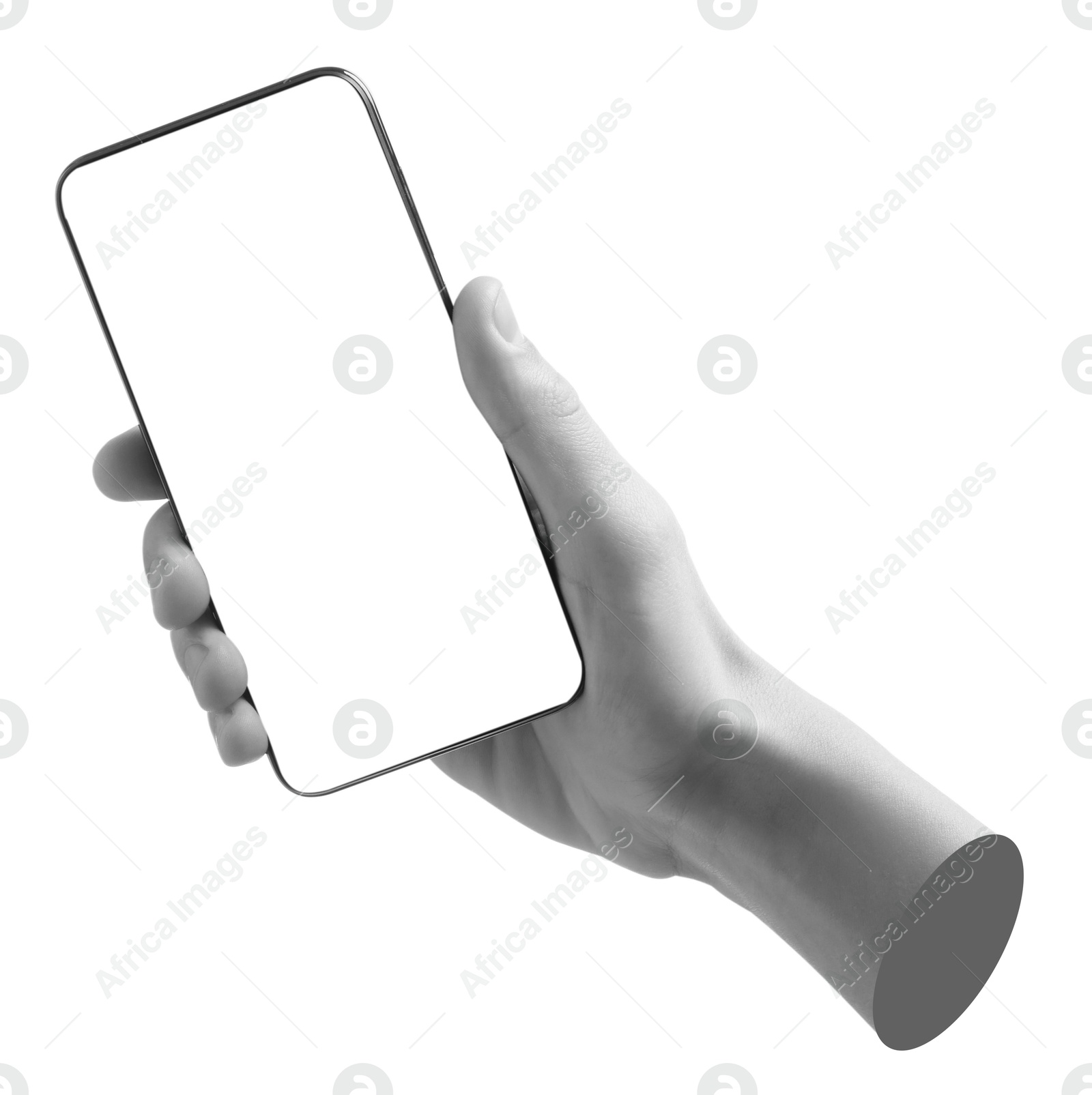 Image of Man's hand holding mobile phone with empty screen isolated on white. Black and white effect