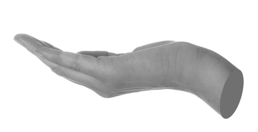 Image of Woman's hand holding something on white background. Black and white effect