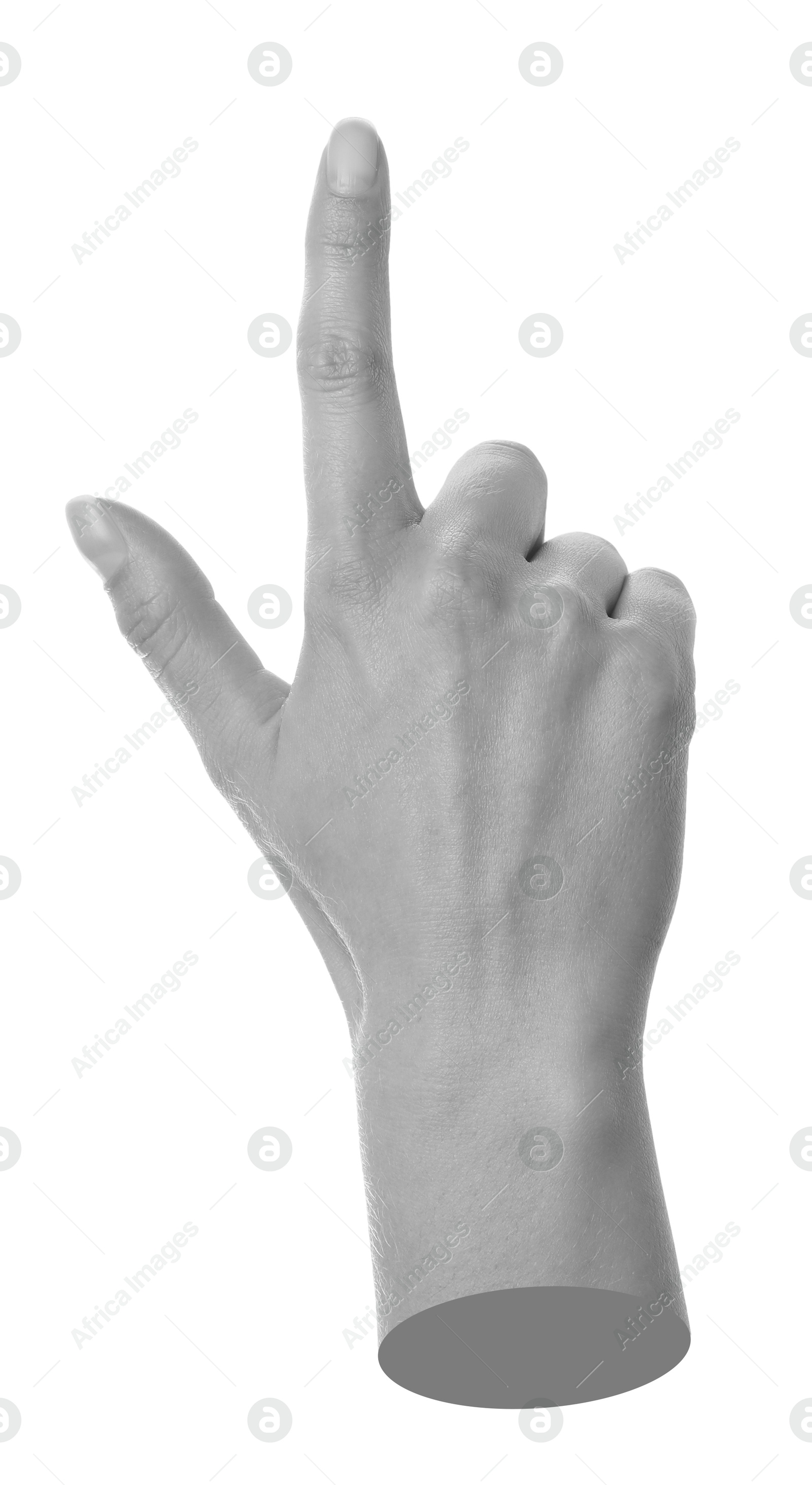 Image of Woman's hand pointing at something on white background. Black and white effect