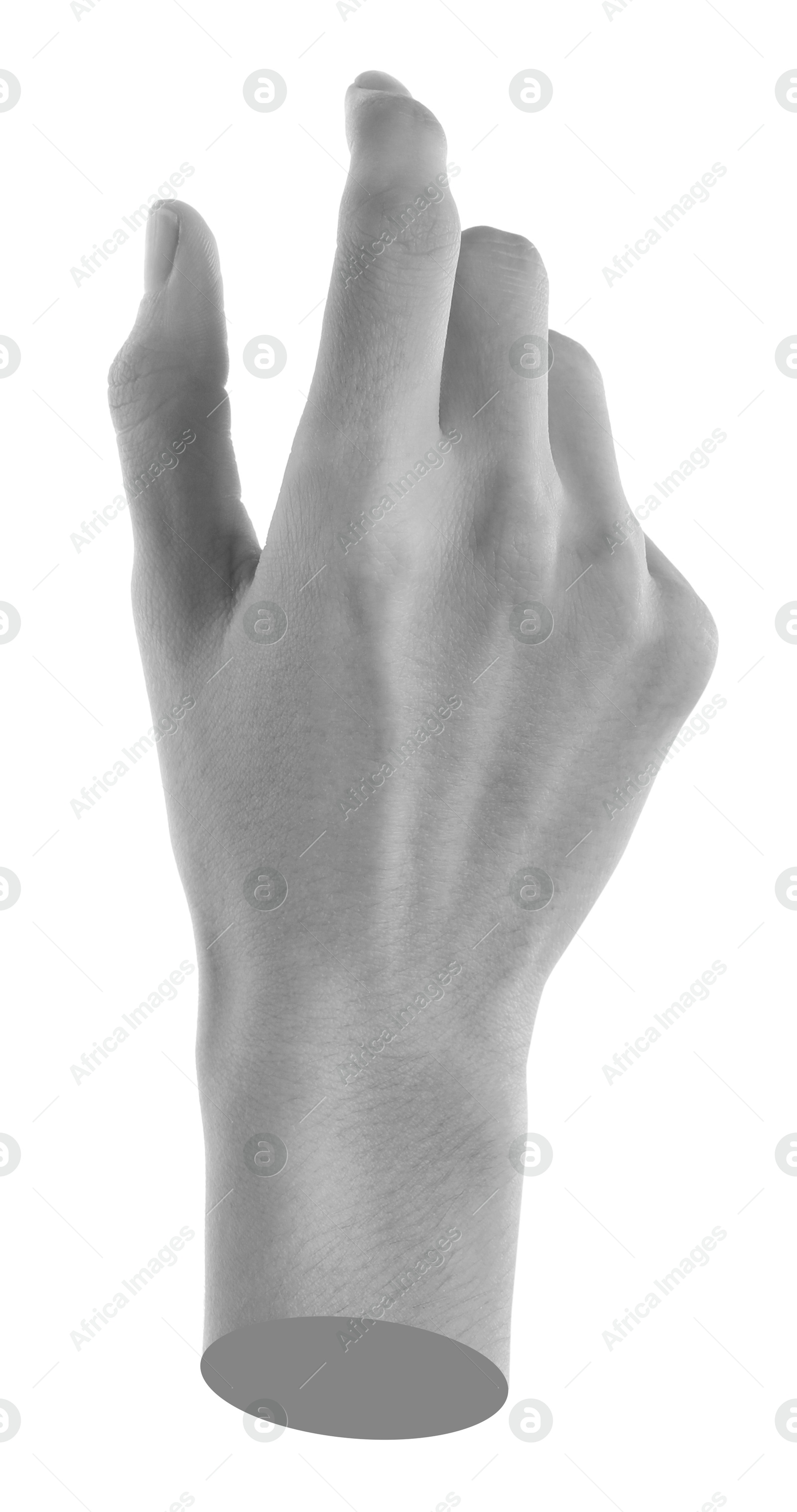 Image of Woman's hand holding something on white background. Black and white effect