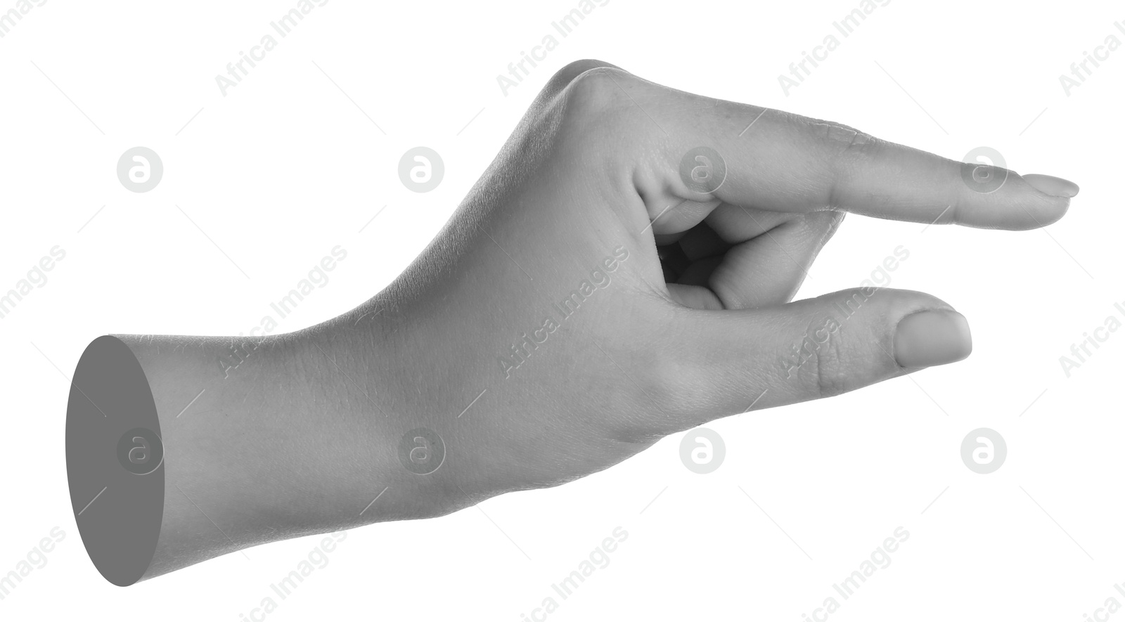 Image of Woman's hand holding something on white background. Black and white effect