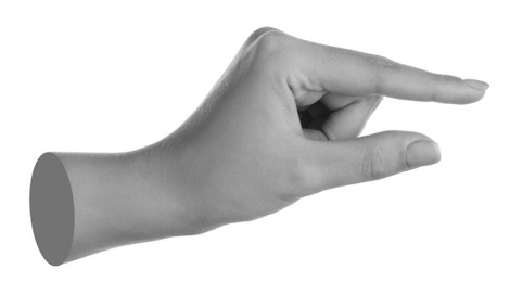 Image of Woman's hand holding something on white background. Black and white effect